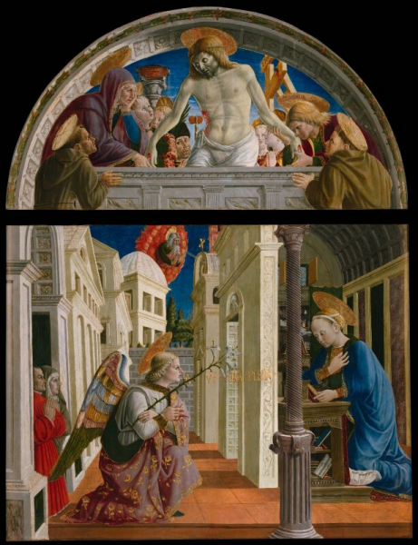Giovanni Angelo d’Antonio - Annunciazione con un donatore laico e una donatrice terziaria francescana; Cristo in Pietà tra la Vergine, i santi, quattro angeli e l’autoritratto del pittore (lunetta)